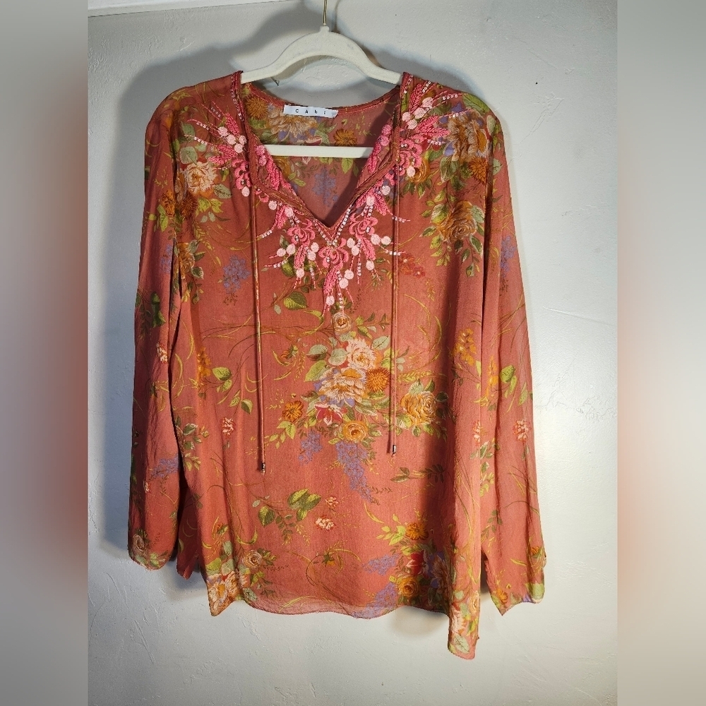 CABI Sheer 100% Silk Floral With Embroidory Blouse XL